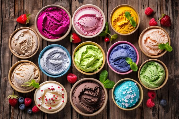 Photo assorted colorful ice creams in paper cups on wooden background