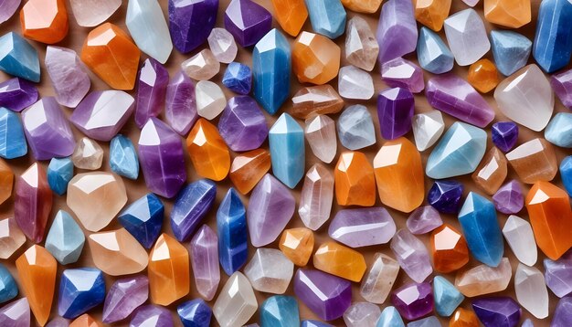 Photo assorted colorful natural quartz crystals arranged in rows including orange purple and blue varie