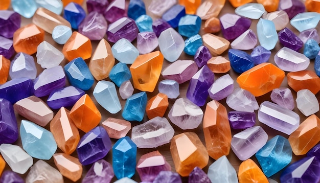 Photo assorted colorful natural quartz crystals arranged in rows including orange purple and blue varie