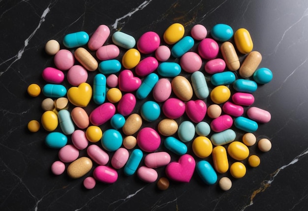 Assorted Colorful Pills Arranged on a Table Vibrant and Varied Medication