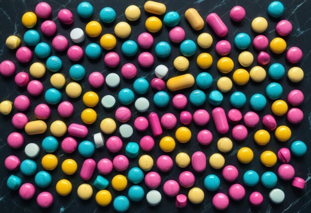 Assorted Colorful Pills Arranged on a Table Vibrant and Varied Medication