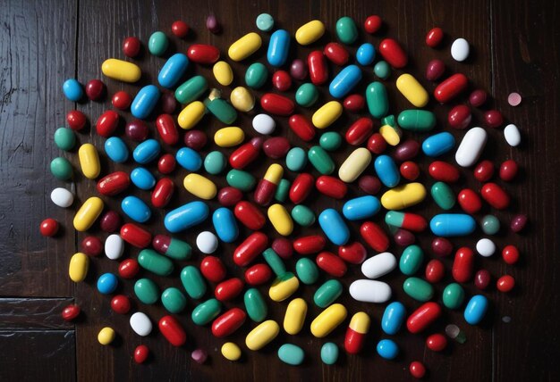 Assorted Colorful Pills Arranged on a Table Vibrant and Varied Medication