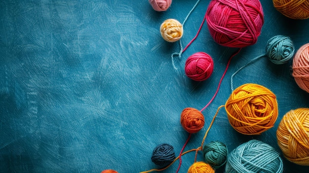 Assorted colorful yarn balls on blue surface Vibrant yarn balls strewn across a textured blue background crafting concept