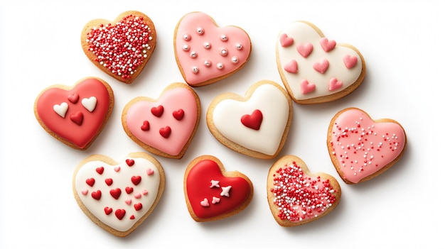 Assorted Cookies for Valentines Day on White Background