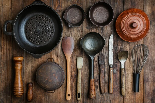 Photo assorted cooking utensils arranged on a wooden surface in a rustic kitchen setting