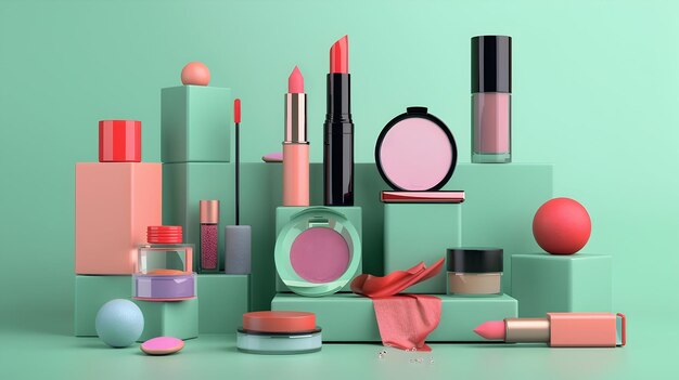 Assorted cosmetics on pastel blocks for beauty display