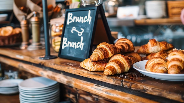 Assorted croissants with Brunch blackboard sign Gourmet bakery presentation concept