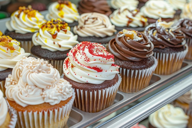 Assorted Cupcakes in Bakery Display Case