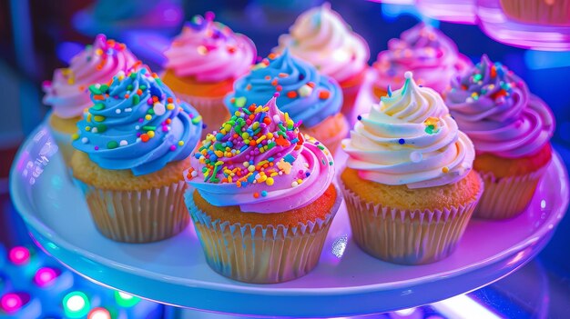 Assorted cupcakes filled with rainbowcolored whipped cream and neon sprinkles placed on a retro digitalthemed plate