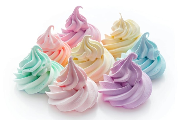 Assorted delicate meringue cookies in various colors isolated on a white background