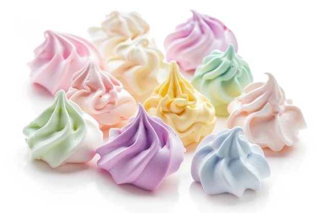 Assorted delicate meringue cookies in various colors isolated on a white background