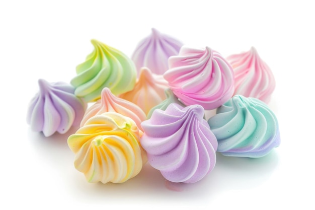 Assorted delicate meringue cookies in various colors isolated on a white background