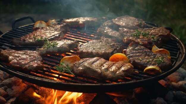 Assorted delicious grilled meat with vegetables on barbecue grill Generative AI