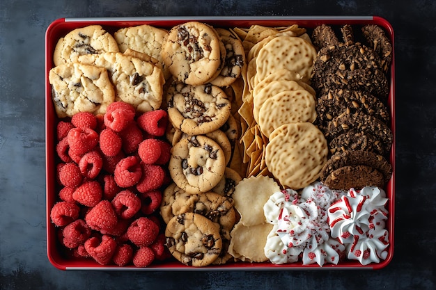 Photo assorted desserts cookies and chips on big tray