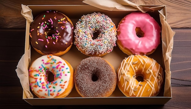 assorted different colorful donut in a box top view