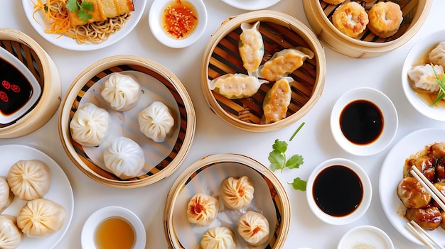 Photo assorted dim sum platter with dipping sauces on a transparent background accompanied by white bowls and a silver spoon