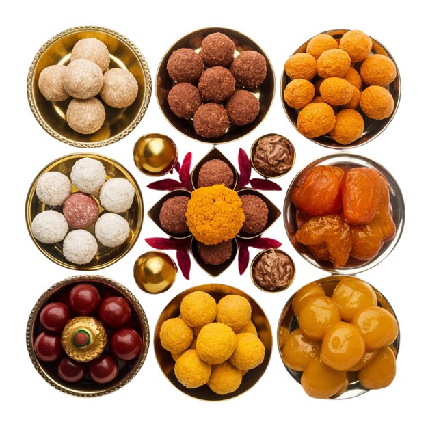 Assorted Diwali sweets including ladoos barfis and jalebis isolated on white background