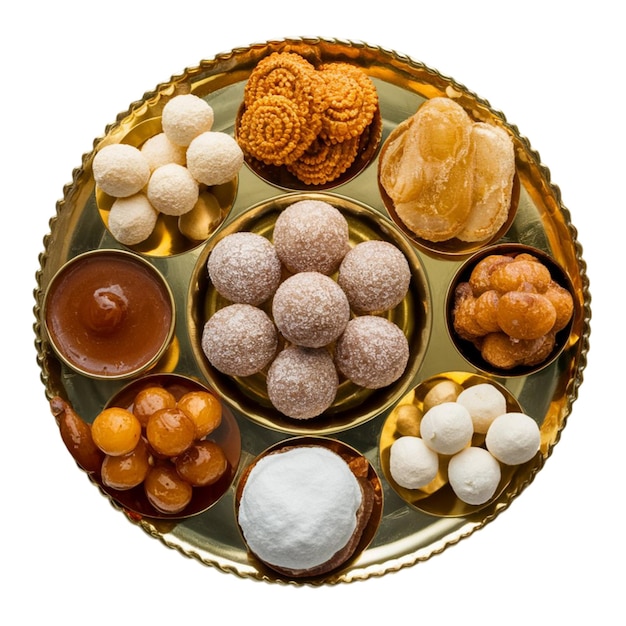 Assorted Diwali sweets including ladoos barfis and jalebis isolated on white background