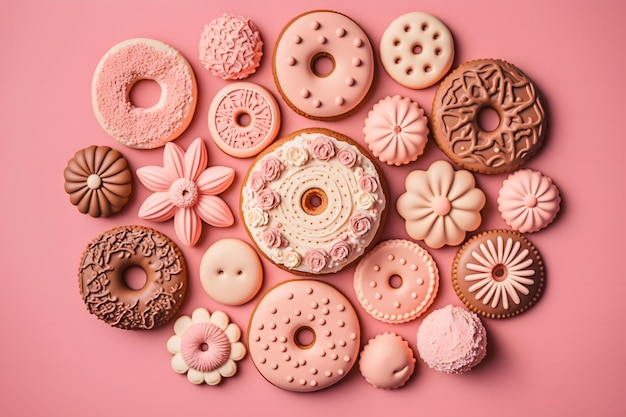 Assorted donuts with chocolate frosted pink glazed and sprinkles donuts Neural network AI generated