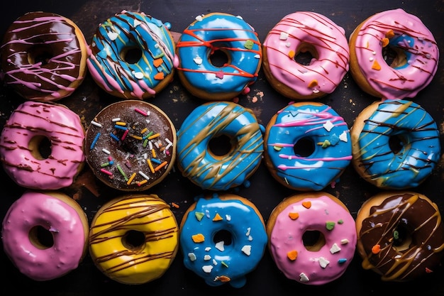 Assorted donuts with vibrant colored glazes and te