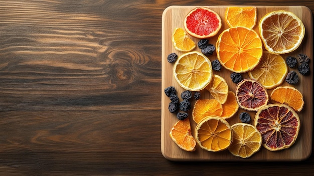 Assorted dried fruit slices on a wooden cutting board top view copy space surrounding