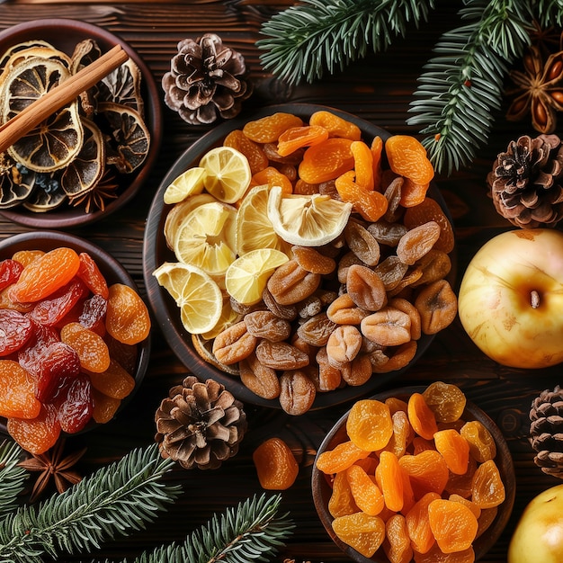 Assorted dried fruits beautifully arranged in wooden bowls surrounded by festive decorations including pine branches dried citrus slices and red berries creating a holiday atmosphere