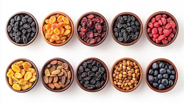 Assorted Dried Fruits in Bowls Top View on White Background