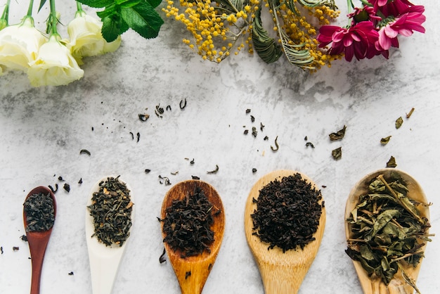 Assorted dried medical herbs tea with flowers on concrete backdrop