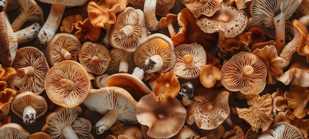 Assorted edible mushrooms spread out highlighting diverse textures and colors Concepts of organic food natural ingredients vegetarian cuisine Autumn background Banner Copy space