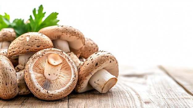 Assorted Edible Mushrooms on Wooden Table Isolated on White Background