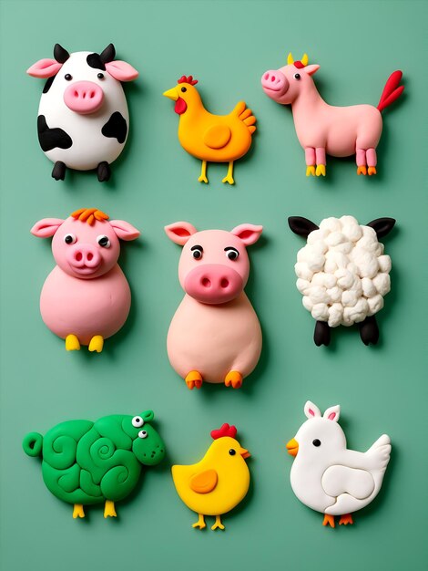 Photo assorted farm animals in playdough on green