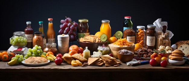 Assorted food products on kitchen table