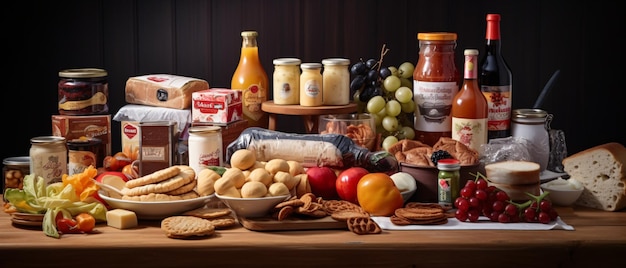 Assorted food products on kitchen table