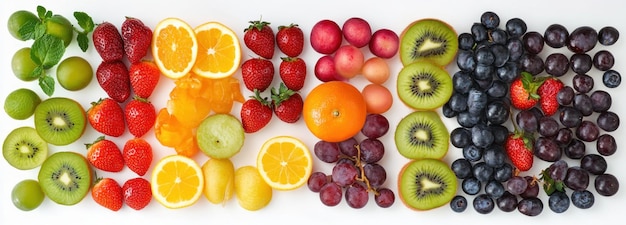 Photo assorted fresh fruits arranged in rainbow order