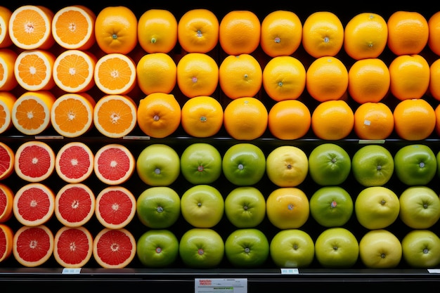 Assorted fresh fruits neatly arranged at grocery store apples oranges pomegranates lemons