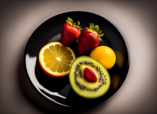 Assorted Fresh Fruits on a Plate Kiwi Orange Strawberry and Lemon Slices Ai Generated Art Work