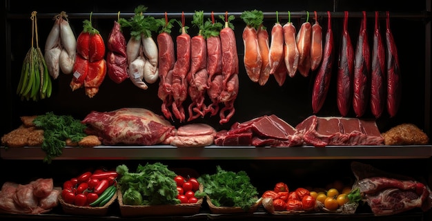 Assorted Fresh Meat and Vegetables on a Rustic Board