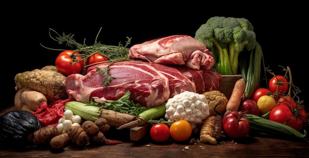 Assorted Fresh Meat and Vegetables on a Rustic Board