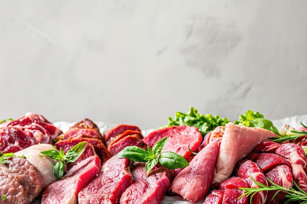 Assorted fresh meats displayed with herbs on light background