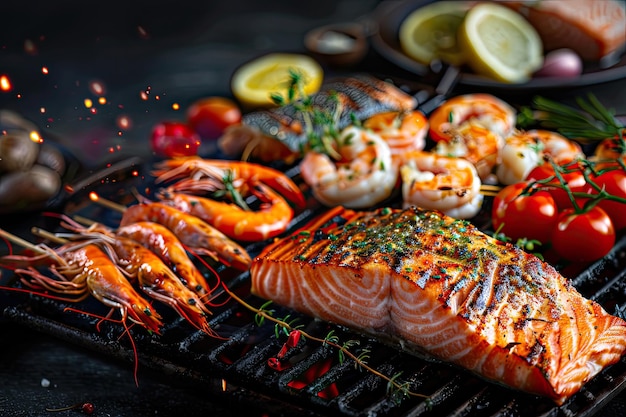 Assorted Fresh Seafood Barbecue with Prawn or Scampi Kebabs and Salmon Fillet Seasoned