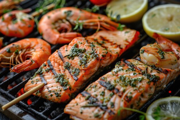 Assorted Fresh Seafood Barbecue with Prawn or Scampi Kebabs and Salmon Fillet Seasoned