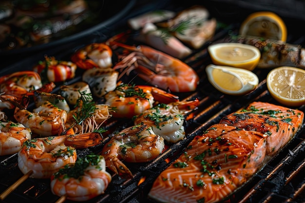 Assorted Fresh Seafood Barbecue with Prawn or Scampi Kebabs and Salmon Fillet Seasoned