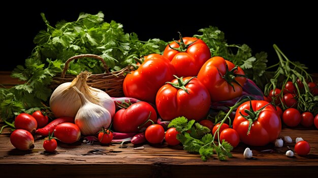 Assorted fresh vegetables on a dark background vibrant colors healthy food concept food background with assortment of fresh organic fruits and vegetables