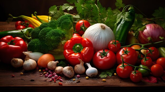 Assorted fresh vegetables on a dark background vibrant colors healthy food concept food background with assortment of fresh organic fruits and vegetables