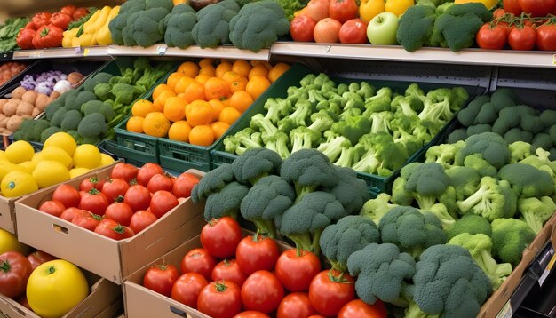 Assorted fresh vegetables and fruits displayed on shelves in a grocery store including broccoli