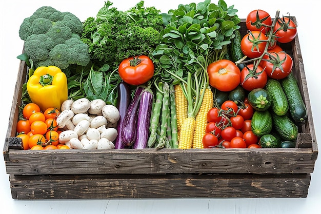 Assorted Fresh Vegetables in Wooden Crate Carrots Peppers Tomatoes Mushrooms Greens