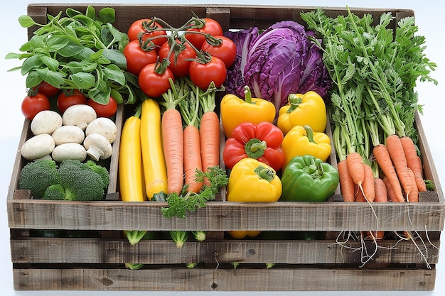 Assorted Fresh Vegetables in Wooden Crate Carrots Peppers Tomatoes Mushrooms Greens