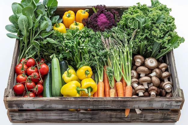 Assorted Fresh Vegetables in Wooden Crate Carrots Peppers Tomatoes Mushrooms Greens