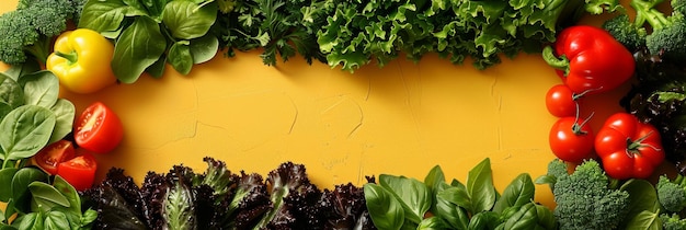 Photo assorted fresh vegetables on yellow wooden backdrop with copy space flat lay composition for healthy eating and nutrition design for vegetable market banner food blog header culinary workshop