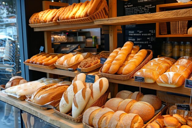 Assorted freshly baked bread on display at bakery shop